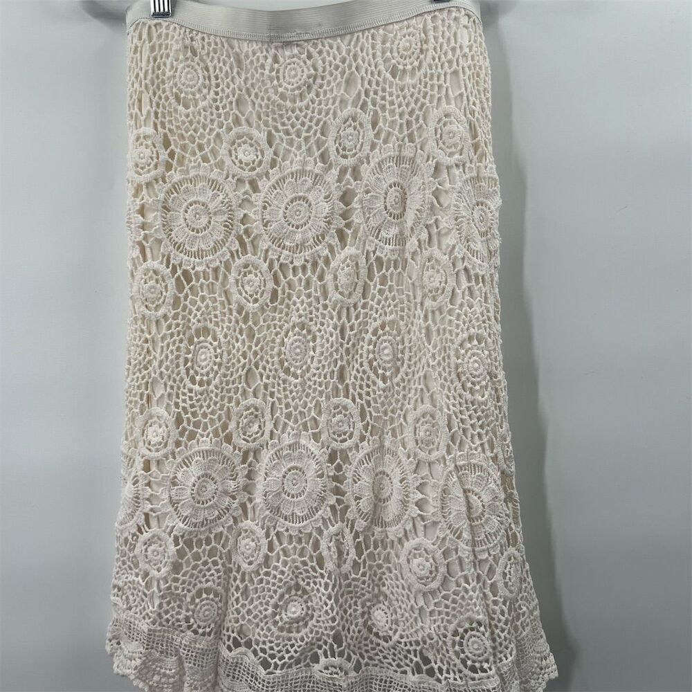 Women's High-Waisted Midi Skirt Cream Crochet Lace Overlay Casual Size S